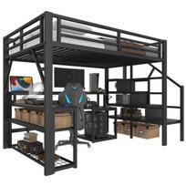 Aukšta lova 140x200 cm su metaliniu rėmu, saugojimo dėžutėmis ir LED apšvietimu, stalas su USB jungtimis, be čiužinio, juoda, 1 vnt.
