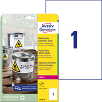 Lipnios etiketės Avery Zweckform A4, atsparios drėgmei, 210x297mm, 1 etiketė lape, 20 lapų, permanentinės, baltos spalvos