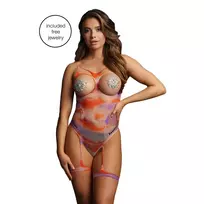 Le Désir by Shots Allure Open-Cup Tie Dye Bodystocking with Decorative Bling Stickers, One Size