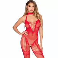 LEG AVENUE Leg Avenue 89336 Bodystocking Red Polka Dot Mesh One Size