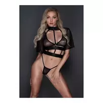 Allure Dreamgirl Dreamer Corset Set with Sheer Mesh Thong Black One Size