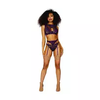 Dreamgirl Dreamgirl Lace & Mesh 3-Piece Lingerie Set XL Aubergine Metallic Finish