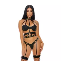 Forplay Allure Seductive Cage Strappy Lingerie Set XL - Grommet Detail & Garters