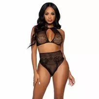 LEG AVENUE Leg Avenue Two-Piece Halter Crop Top & High-Waist Thong, Black, One Size