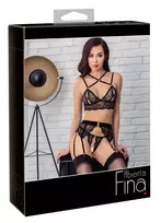 Abierta Fina Abierta Fina Bra Set M Black Lace Velvet Trim & Rose-Gold Details
