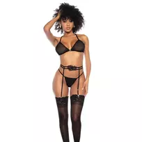 Mapale Leg Avenue L/XL Black Sheer Mesh Three-Piece Set with Embroidered Details