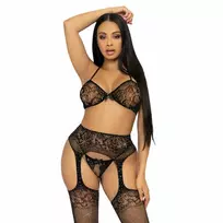 LEG AVENUE Leg Avenue Three-Piece Black Lace Set with Rhinestone Accents One Size