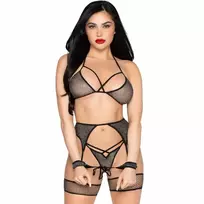 Leg Avenue 89362 Mesh Top, Thong, Garter Belt & Cuffs Set Black One Size