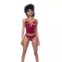 Mapale Allure Lingerie Two-Piece Vinyl Bustier Set S Glossy Wine Red