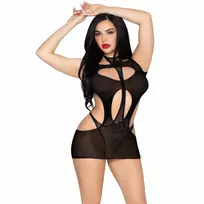 LEG AVENUE Leg Avenue Mini Dress & Halter Teddy Black - Mesh & Fishnet Set