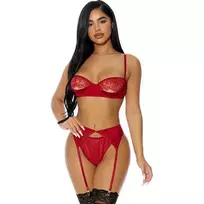 Forplay Allure Just a Peek 3-Piece Lace Lingerie Set XL - Underwire & Garter Belt