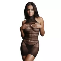 Le Désir by Shots Shots High Lace Neck Net Mini Dress S-L Black Elegant Design