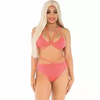 Leg Avenue Set - Coral & Yellow Bra Top with Strappy Panties, One Size