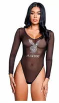 Playboy Playboy Sparkling Bunny Teddy - Mesh & Satin Bodysuit with Rhinestones