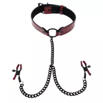 Sportsheets Sportsheets Saffron Adjustable Collar with Chain and Clamps, Red/Black
