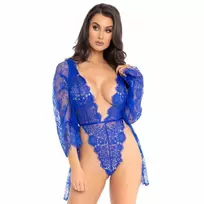 LEG AVENUE Leg Avenue Blue Lace Teddy & Robe Set with Satin Tie, Size S