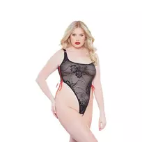 Allure Kitten Plus Size High-Cut Lace Bodysuit with Open Design - Black