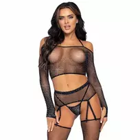 LEG AVENUE Leg Avenue Black Rhinestone Mesh 4-Piece Lingerie Set One Size