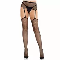 Leg Avenue Elegant Lace Stockings with Cross Motif & Garter Belt, Black