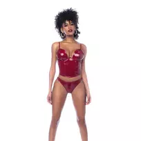 Mapale Allure Two-Piece Vinyl Bustier Set Gloss Wine Red M Adjustable Straps