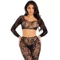 Leg Avenue Chantilly Lace Crop Top & Footless Tights Set, One Size, Black
