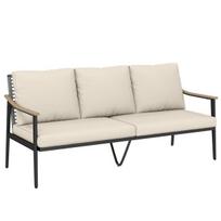 Sodo sofa trivietė, lauko, su porankiais medžio imitacijos, plieniniu rėmu, chaki spalvos