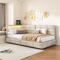 Sofa-lova, su LED apšvietimu, USB-C jungtimi ir 2 stalčiais, 90 x 200 cm, smėlio spalvos, lininė
