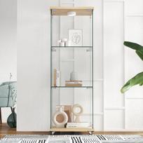 Stiklinė vitrina su LED, 3 lentynos, natūrali mediena, H120xP42.5xG36.5 cm