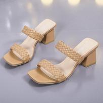 Summer Women Slip-On Bohemia Weave OL Wear Pumps Sandals For Ladies White High Thick Heel Slippers Slides Shoes Plus Size 35-42 35 beige