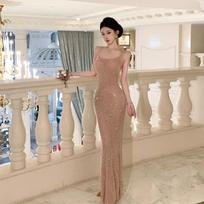 Light Luxury High-end Nude Sequins Suspender Dress, Female Sexy Backless Birthday Dress, Waist-wrapped Hip-wrapped Long Skirt S kūno spalva