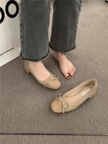 Evening gentle bow single shoes commuter black flats autumn and autumn French women's shoes with skirt high heels 35 chaki
