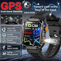 2026 Naujas karinis vyriškas išmanusis laikrodis su įmontuotu GPS, kompasu, aukščiamatikliu, 3ATM atsparumu vandeniui, Bluetooth skambučiais, širdies ritmo matuokliu, sporto ir fitneso funkcijomis juoda