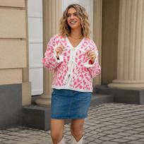 New Women Winter Leopard Print Knitted Cardigan Personalized Short Sweater Coat Jacquard Lace Up S rožinė