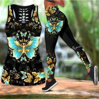 PLstar Cosmos Butterfly 3D Printed Hollow Tank Top And Leggings Set for Women Full Length Fitness Yoga Running Pants S