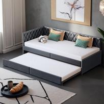 Clic-Clac Sofa-lova 90x200 cm - Išskleista 180x200 cm - Pilkas Velvetas - Metalinis Rėmas ir Medinės Lamelės - Paminkštinta Deimanto Rašto