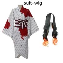 Anime Demon Slayer Kimetsu No Yaiba Kamado Nezuko Cosplay Costume Wig Clogs White Blood Stain Kimono Hallowen Uniform Suit L-(Costume+Wig)