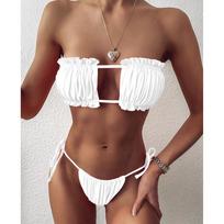 Seksualus bikinio plisuotas bandeau maudymosi kostiumėlis, moteriškas maudymosi kostiumėlis, moteriškas mini stringų bikinio rinkinys Maudymosi paplūdimio apranga maudymosi kostiumėliui S balta
