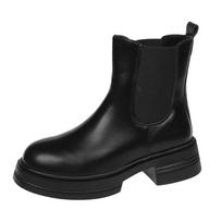 Leather Women Nude Boots New Chunky Heel Chelsea Square Toe High Heeled Short Boots Designer Fashion Women Boots 35 juoda