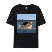 Cat Biting Shark Funny Art and Cat Lover Funny Cat and Shark Printed Cotton Unisex Tops Shirt Normal Tops Shirt Hip Hop TShirt 2XL