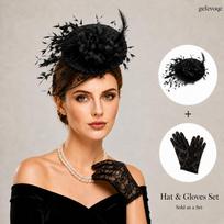 2Pcs Womens Flower Feather Fascinator Hat Lace Gloves Set for Tea Party 2pcs juoda