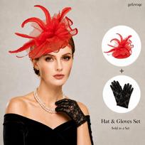 2Pcs Womens Fascinator Hat Lace Gloves Set for Tea Party Derby Wedding 2pcs raudona