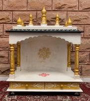 Embossed Painted Wood Mandir: Antique Finish Wall Shrine, Puja Ghar