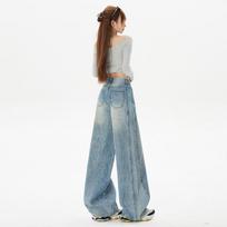 Spring Summer Rhinestone Vintage Relaxed Wide Leg Saber Cut Trendy Denim Pants Ladies Casual Pants Oversize Denim Trousers XS