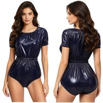 Vandeniui atsparus moteriškas maudymosi kombinezonas S-3XL Sauskelnių uždangalas Jumpsuit Trumpomis rankovėmis Spaudės tarp kojų Elastingas juosmuo Sandarus Pritaikoma apranga S tamsiai mėlyna spalva