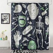 Y2K Vintage Halloween Shower Curtain Set Blush, Heavy Duty Waffle Fabric, Creepy Gothic Skeleton Skulls Bats Fun Cute 90*180cm beige