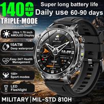 2026 Newly Durable 1400mAh Large Battery Smart Watch Men 1.7  HD Screen IP68K Waterproof LED Flashlight  Sports BT Call Smart Bracelet Black