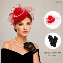 2Pcs Womens Pearl Veil Fascinator Hat Lace Gloves Set for Tea Party 2pcs raudona
