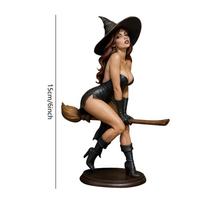 6inch Resin Witch Statue Gothic Riding on Broom Ornaments Witchy Figurines 3D Spooky Sculpture for Halloween Home Decoration