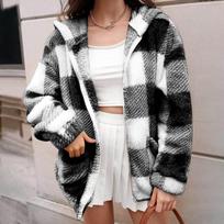 Women's Fashion Loose Plaid Loose Casual Long Sleeve Hooded  Cardigan Zipper Jacket L juoda