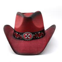 Black and Red Spray Paint Cowboy Hat Men's and Women's Summer Big Eaves Sun Protection Visor Hat New Straw Top Hat Ethnic Style Jazz Hat M（56-58cm） raudona